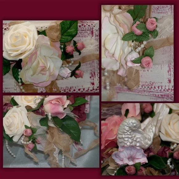 Shabby Chic Floral Arrangement in Upcycled Jewelry Box, Bird. Roses, Faux pearls